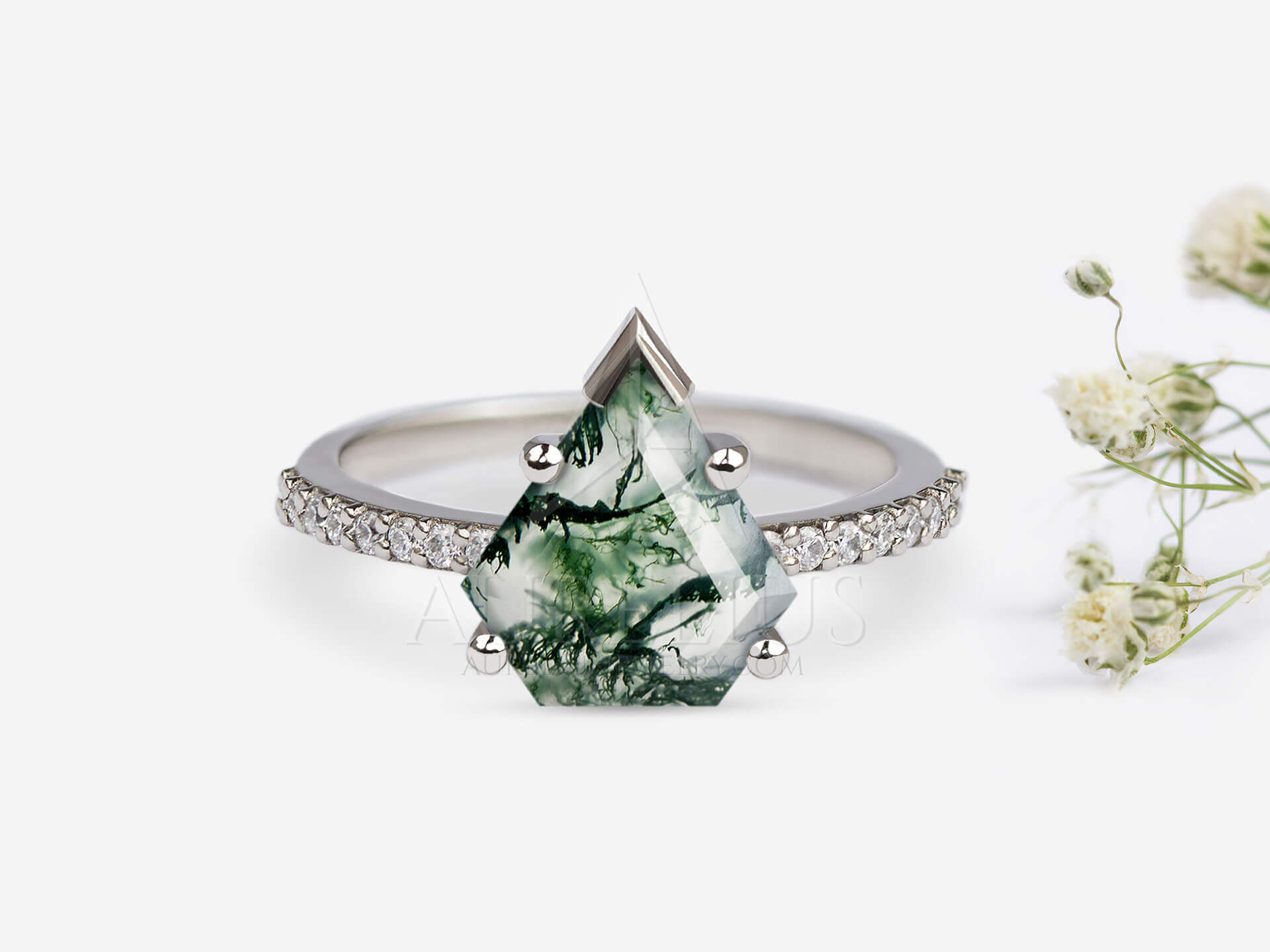 Moss Agate Pave Engagement Ring - Valentina
