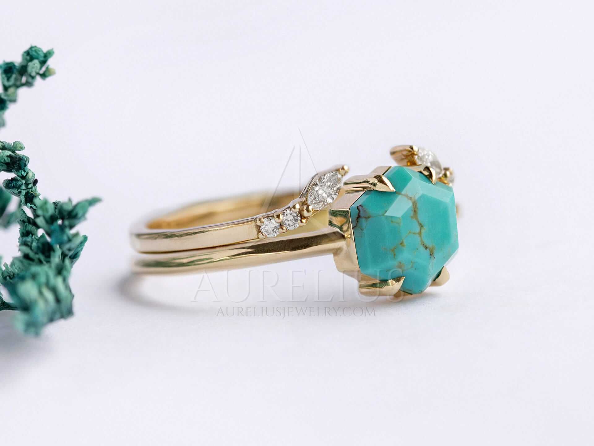 Turquoise Solitaire Engagement Ring with Wedding Band - Aria - Image 4