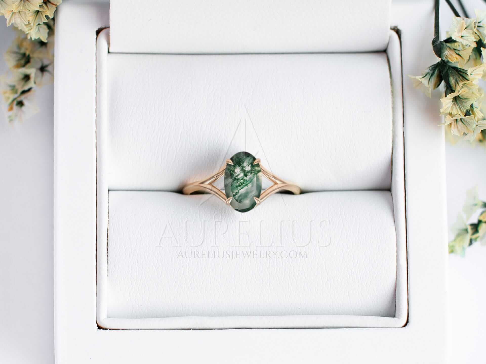 Elongated Oval Split Shank Engagement Ring with Moss Agate - Eleanor - Image 3