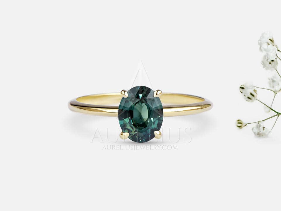 Oval Solitaire Engagement Ring with Teal Sapphire - Selena