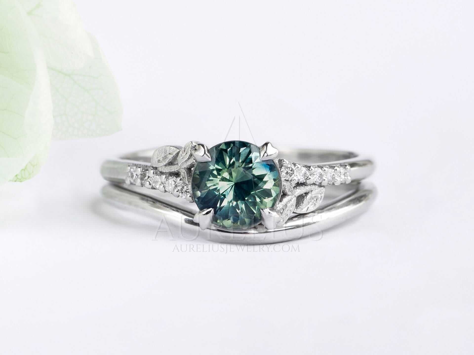 Round Teal Sapphire Engagement Ring Set with Curved Wedding Ring - Viridiana