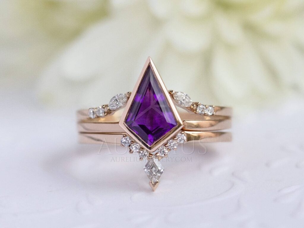 3 Band Amethyst and Diamond Wedding Ring Set Aurelius Jewelry