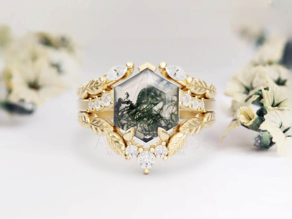 3 Band Hexagon Moss Agate Floral Wedding Ring Set Aurelius Jewelry
