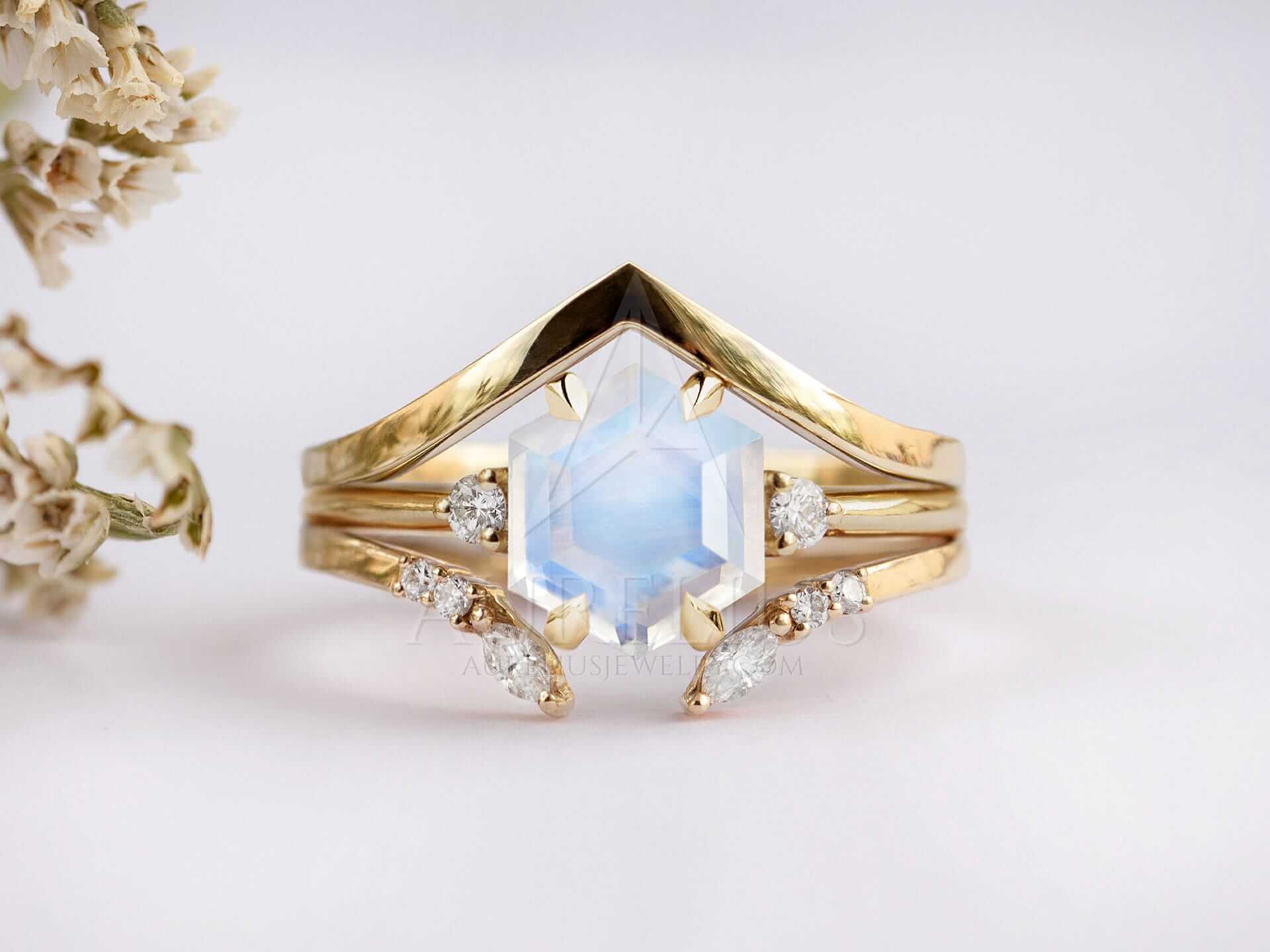 Three Band Wedding Ring Set with Hexagon Moonstone Engagement Ring - Diana