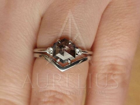 Three-Stone Hexagon Salt and Pepper Diamond Engagement Ring Set with Chevron Band