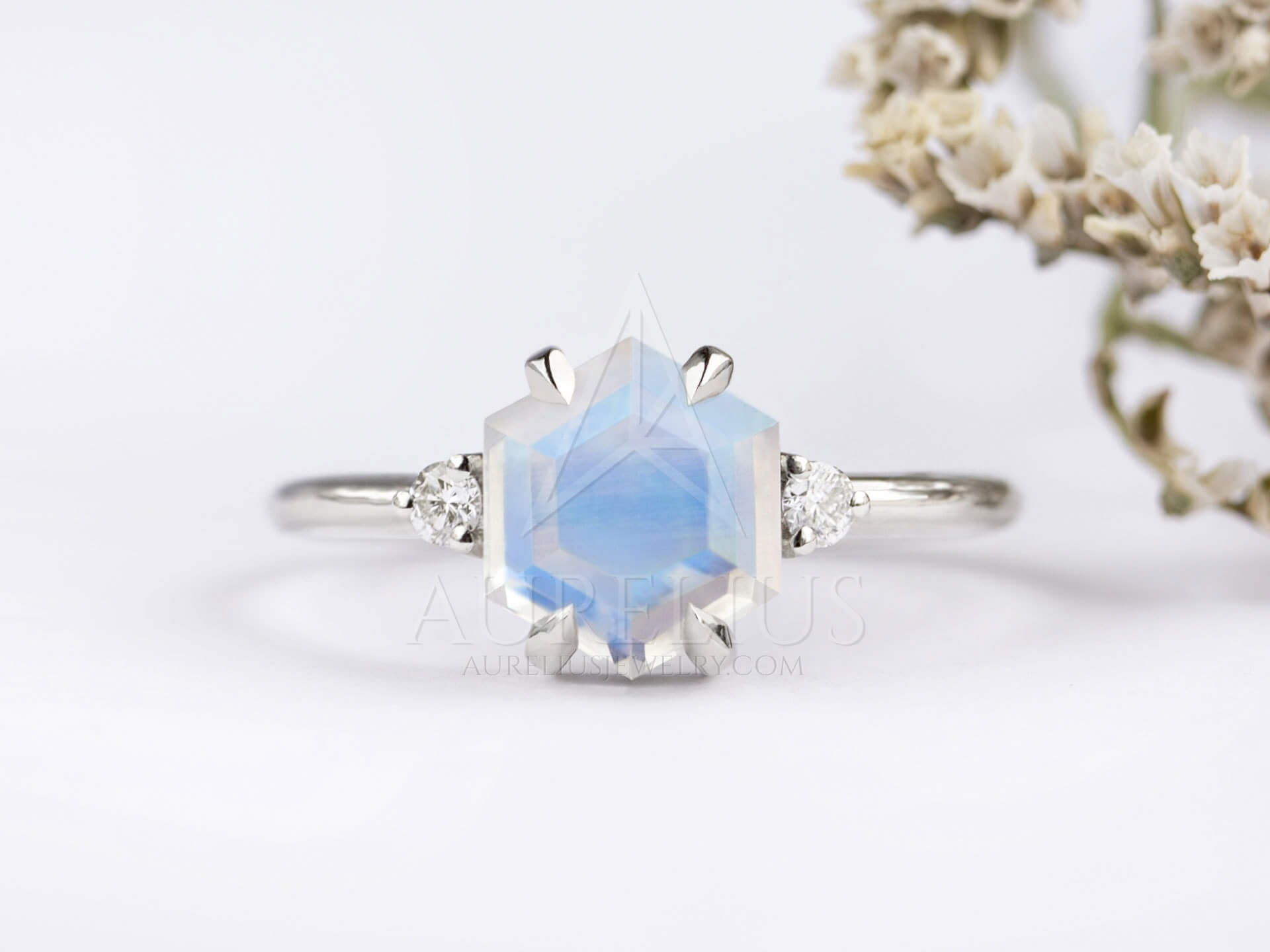 Three Stone Engagement Ring with Hexagon Moonstone - Diana
