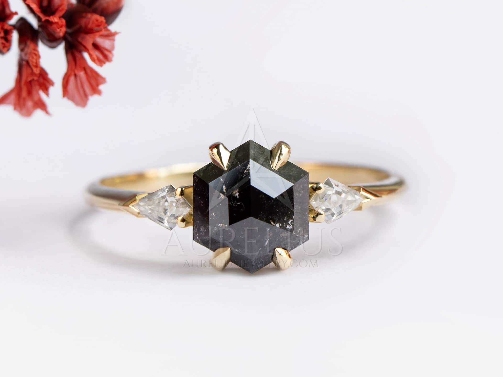 Three Stone Hexagon Black Diamond Ring - Amara