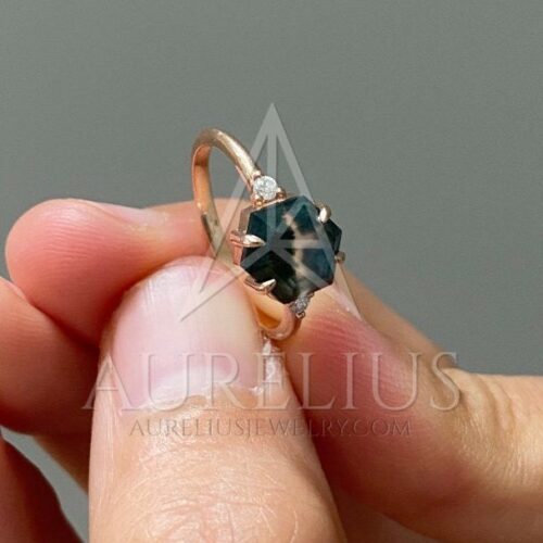 Hexagon Moss Agate Engagement Ring and Open Marquise Diamond Bridal Ring Set photo review