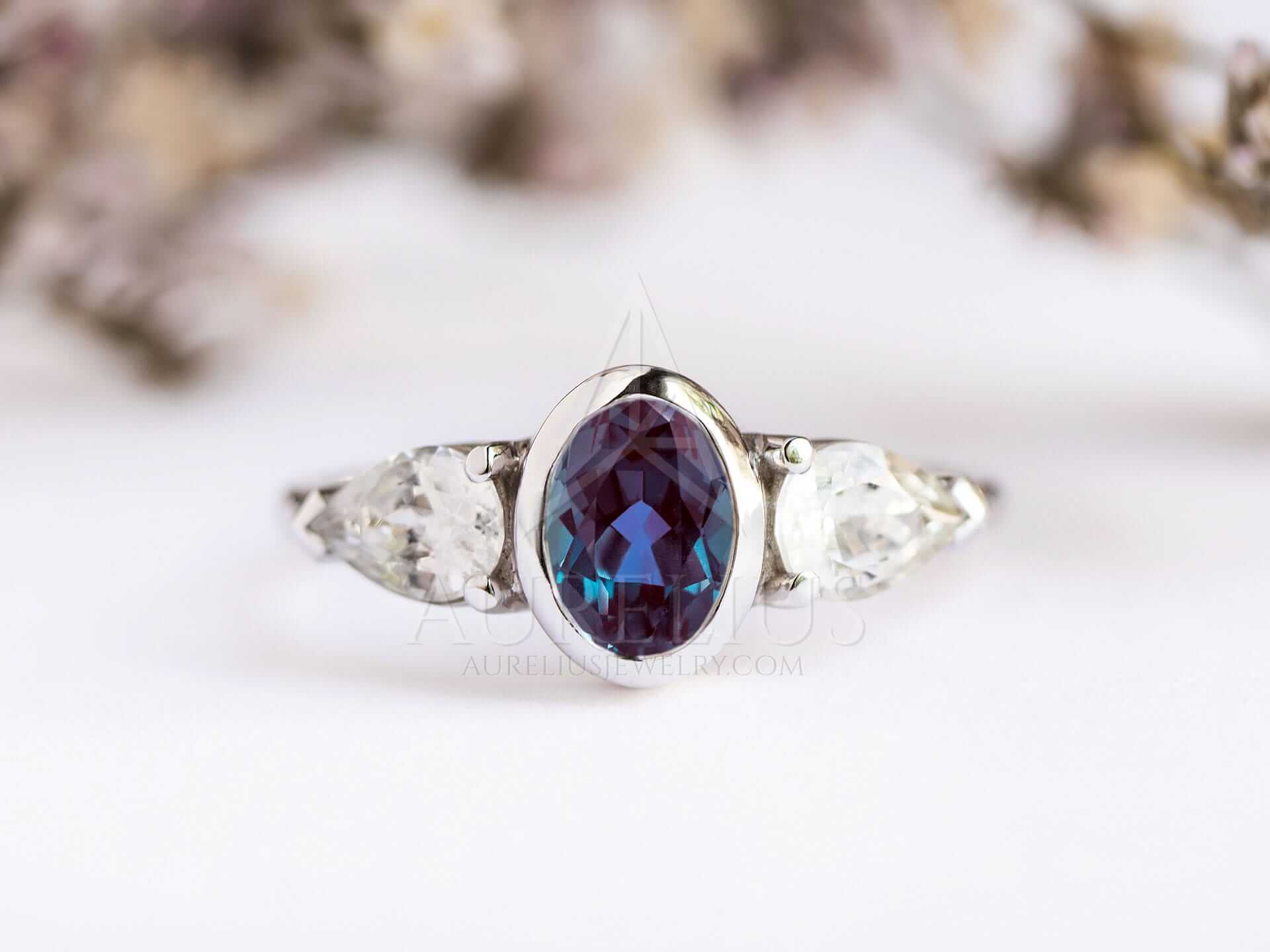 Three Stone Oval Engagement Ring with Alexandrite - Aleesha