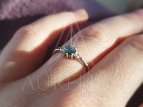 Three-Stone Teal Sapphire and Pear Diamond Ring