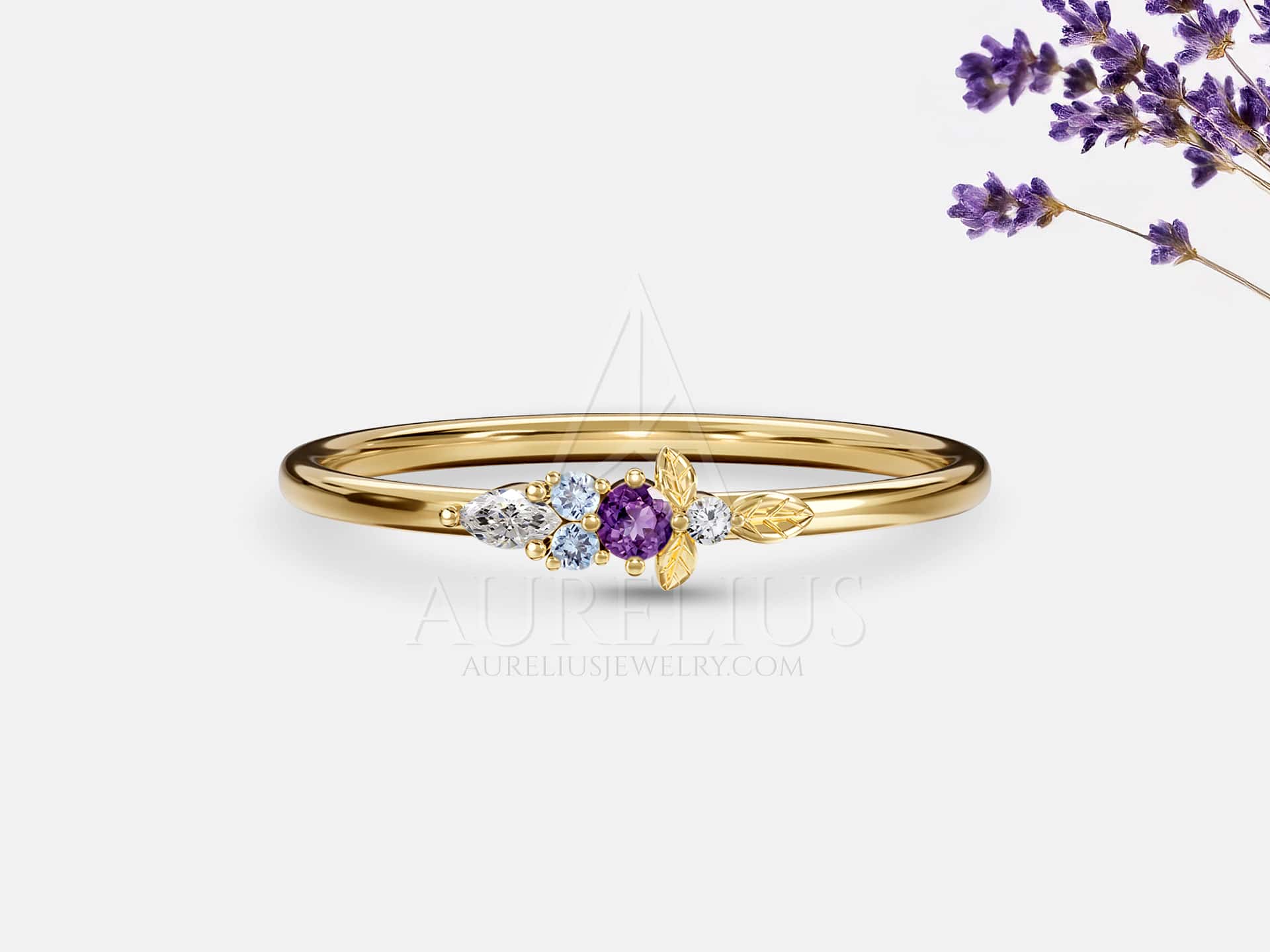 Tiny Floral Engagement Ring with Purple Sapphire - Aubrey