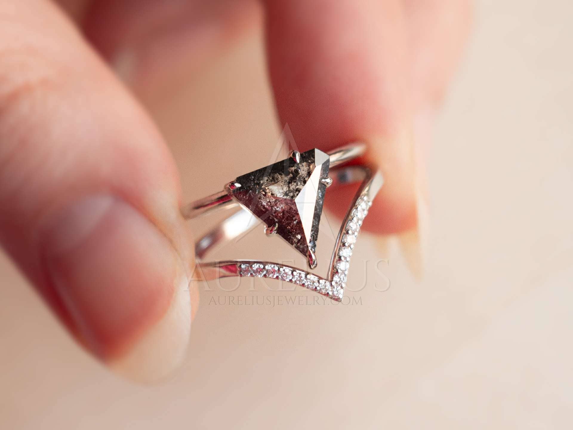 Raw Diamond Hexagon Triangle Diamond, Salt and Pepper, Unique Bridal  Engagement Set, Rose Cut Geometric Diamond