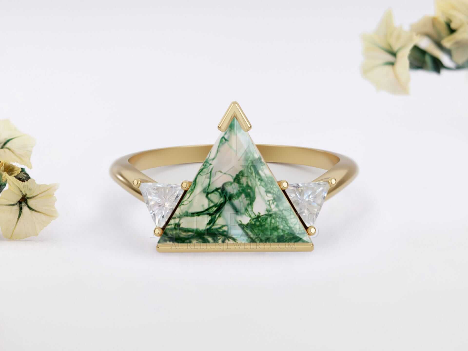 Triangle Engagement Ring with Moss Agate - Trina