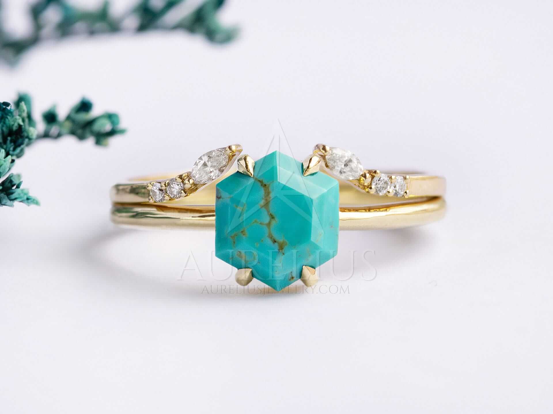 Turquoise Solitaire Engagement Ring with Wedding Band - Aria