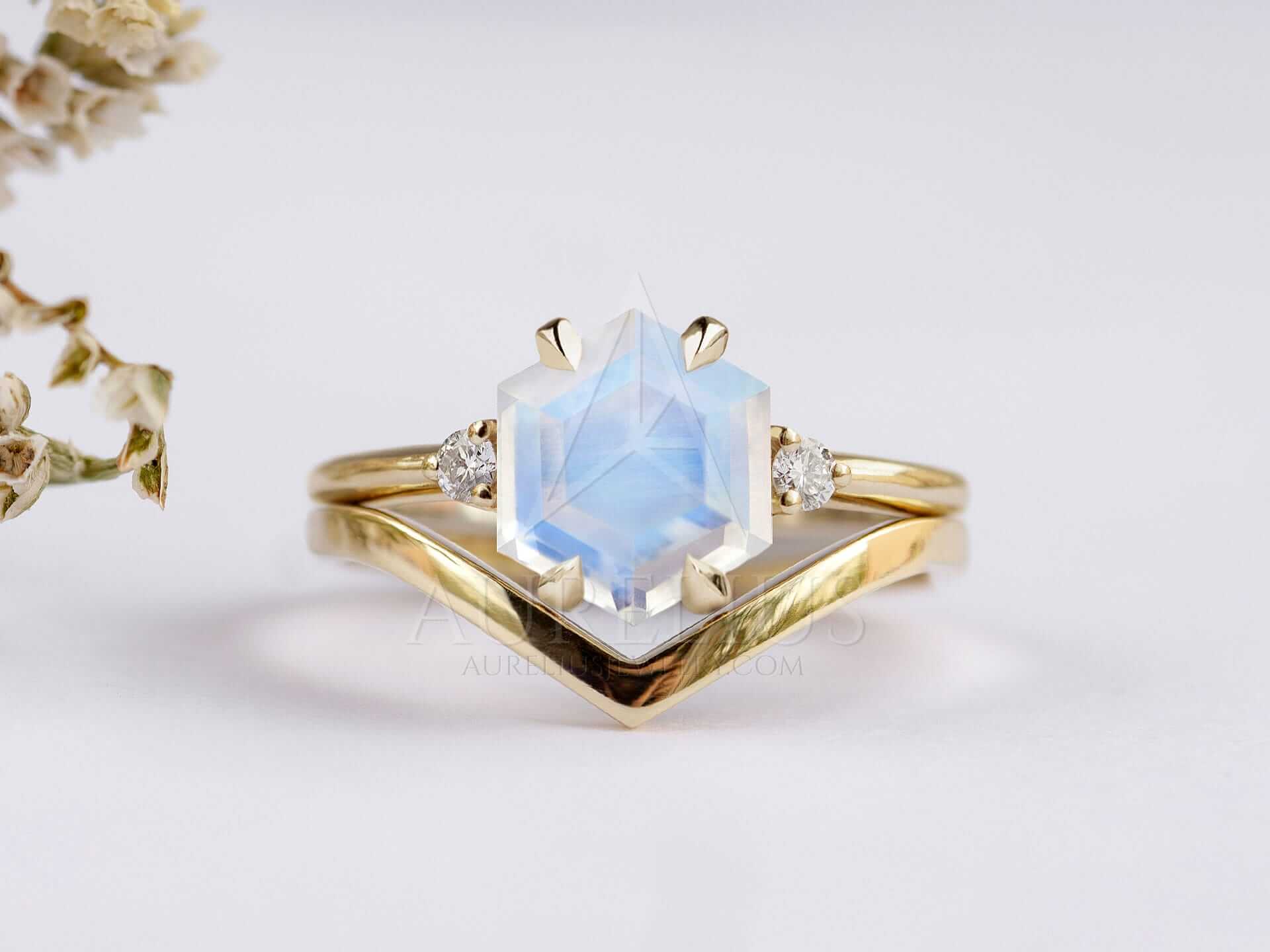 Hexagon Moonstone engagement Ring with Chevron Wedding Ring - Diana