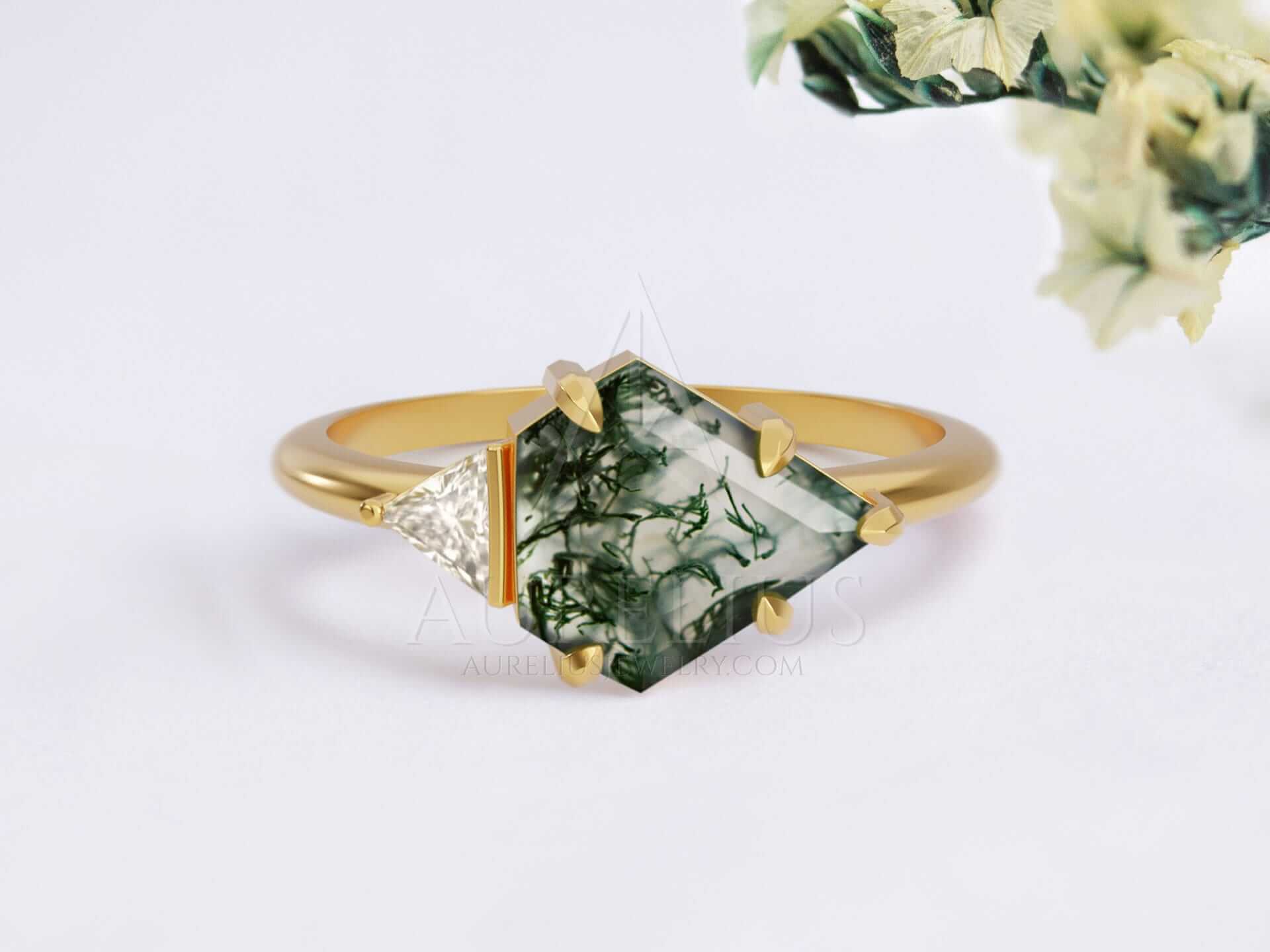 Two Stone Engagement Ring with Diamond Shaped Moss Agate - Tessa
