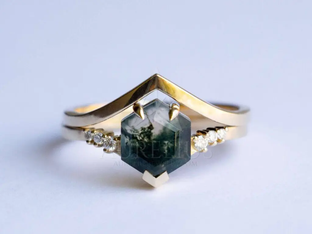 Vera Hexagon Moss Agate Engagement Ring Set - Aurelius Jewelry