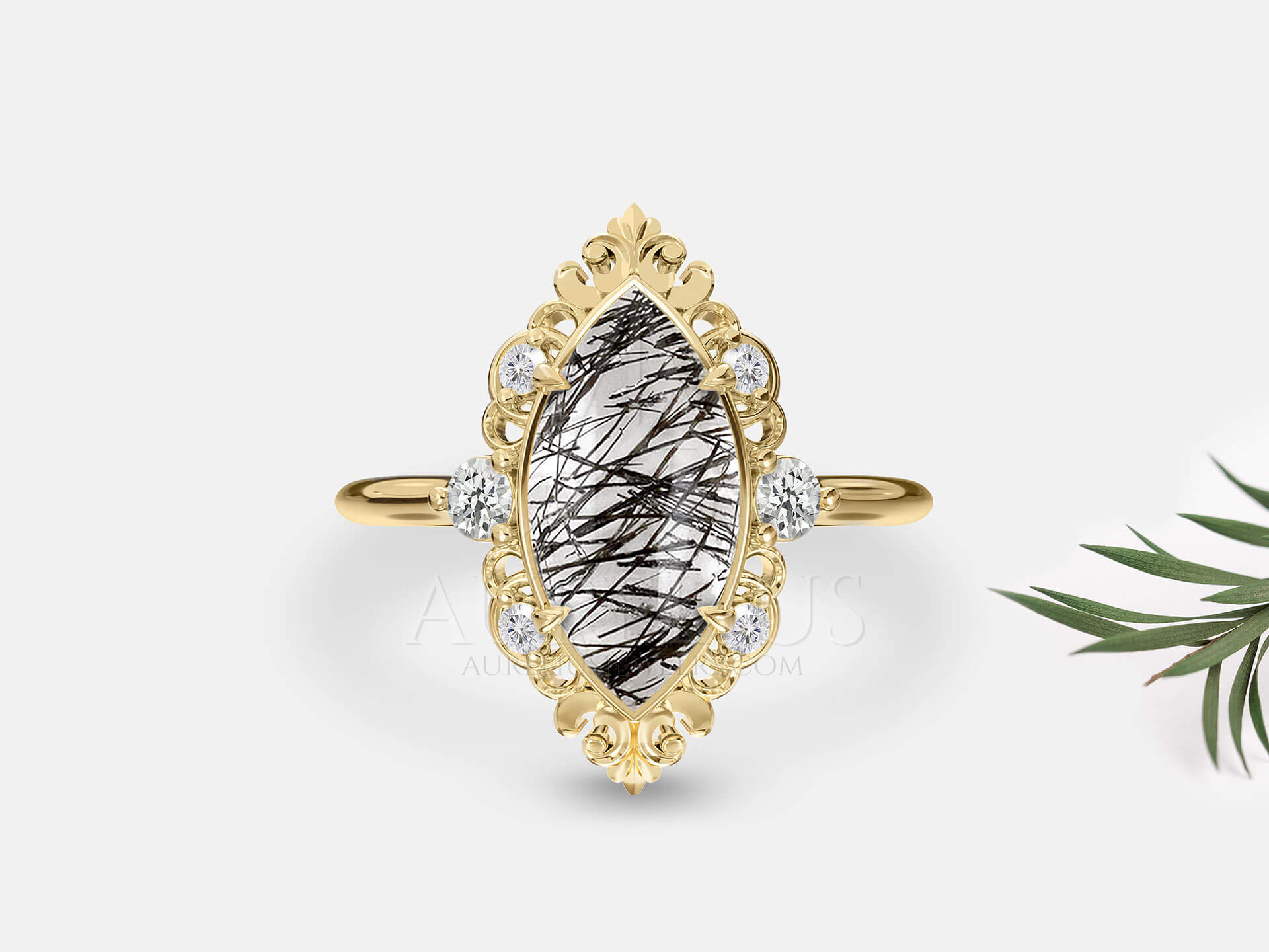 Rutilated Quartz Vintage Marquise Engagement Ring - Shiloh