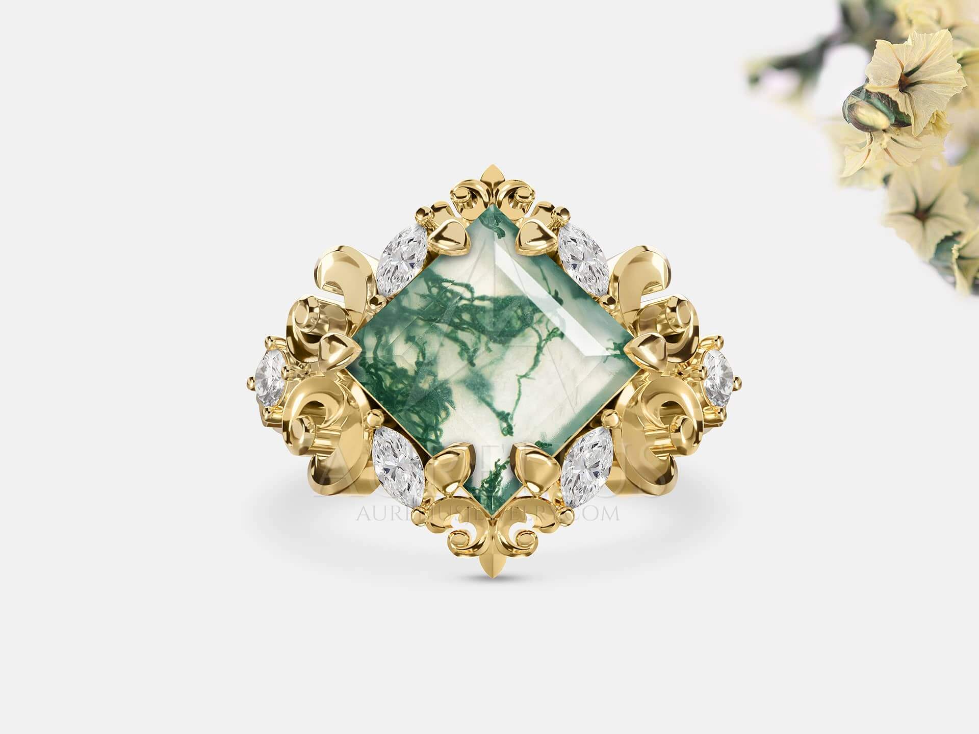 Gold Statement Ring with Princess Moss Agate - Miriam