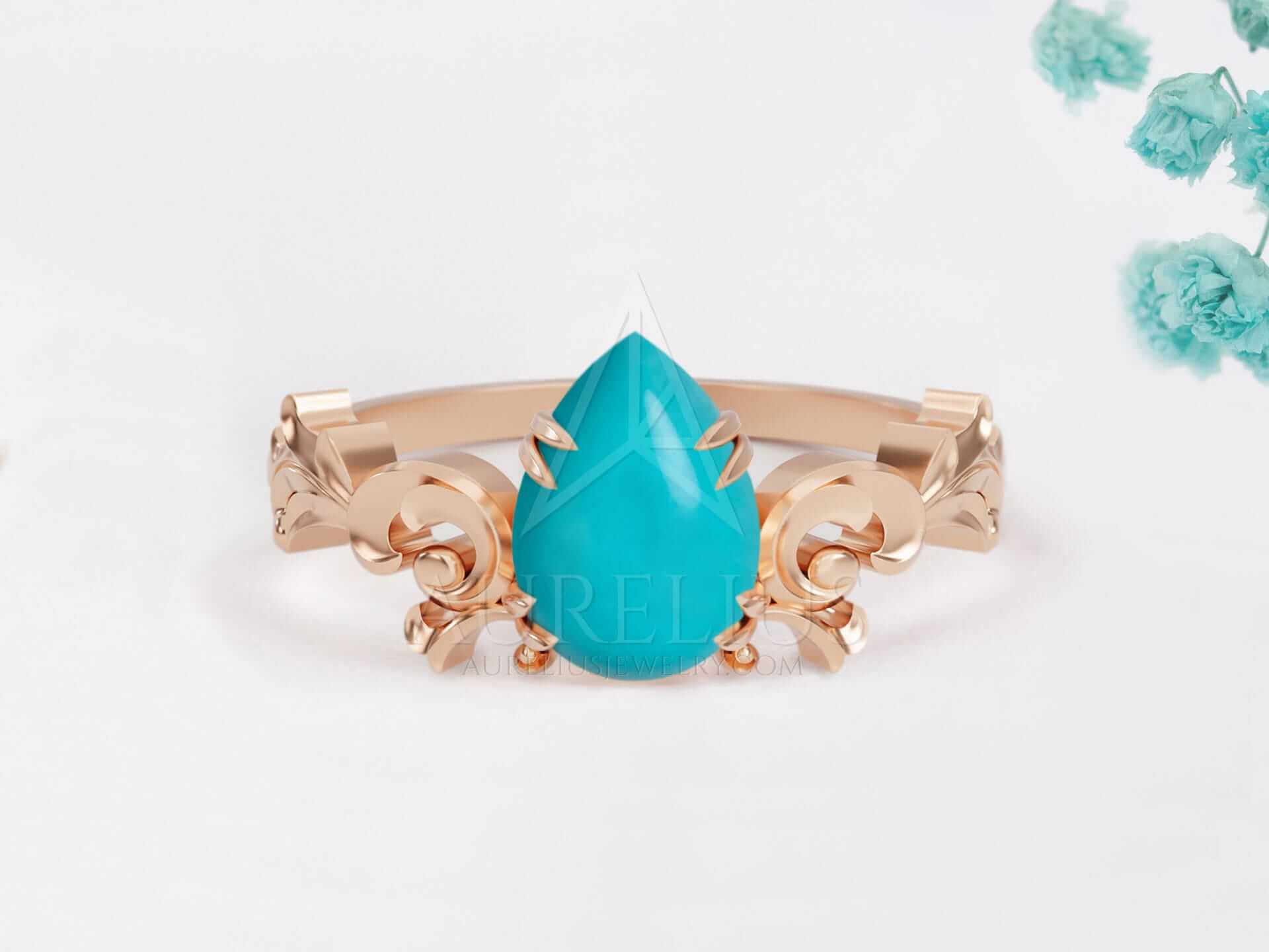 Turquoise Pear Solitaire Engagement Ring - Lori