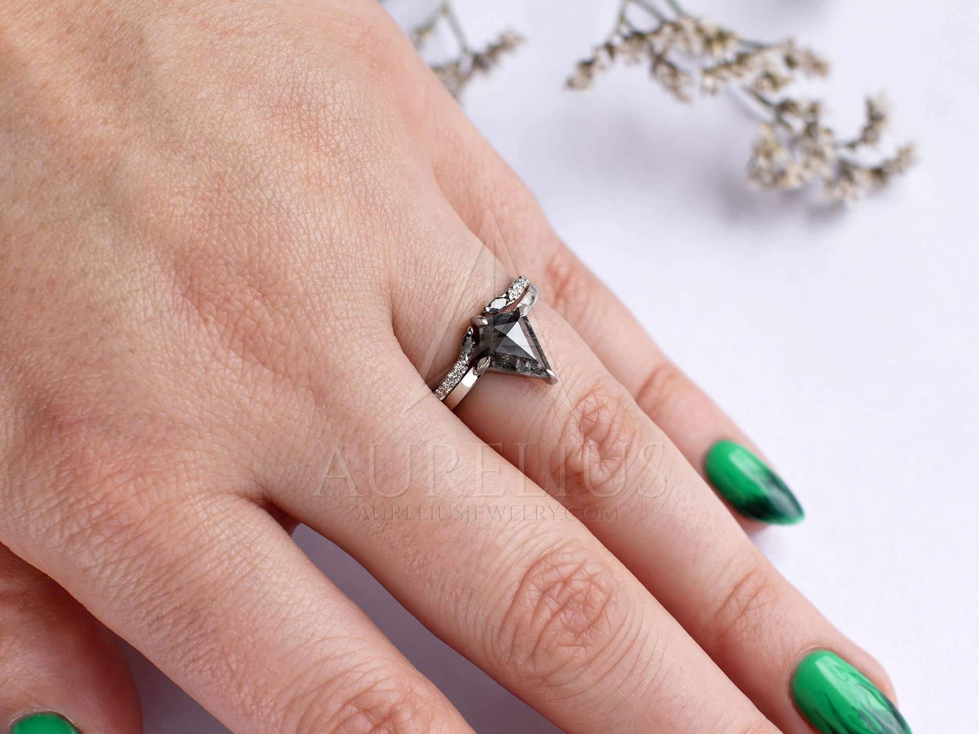 Kite Shaped Engagement Ring Set with Open Eternity Band - Griselda - Image 4