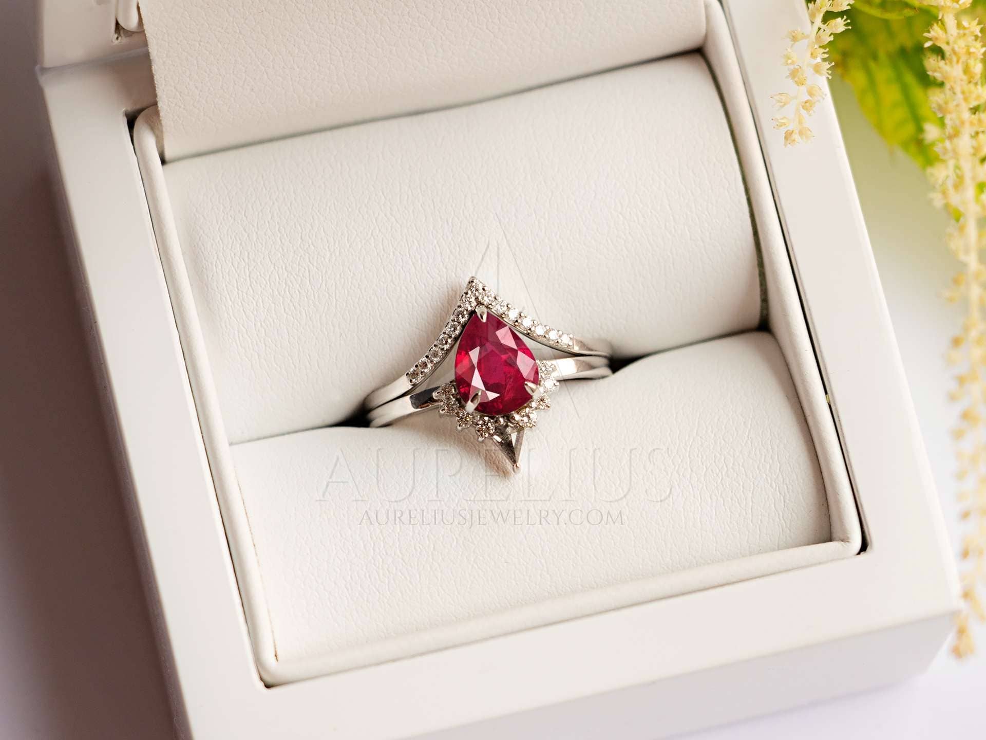 The Fairblue: Ladies Contemporary Yellow Gold Ruby Engagement Ring with  Diamond Halo